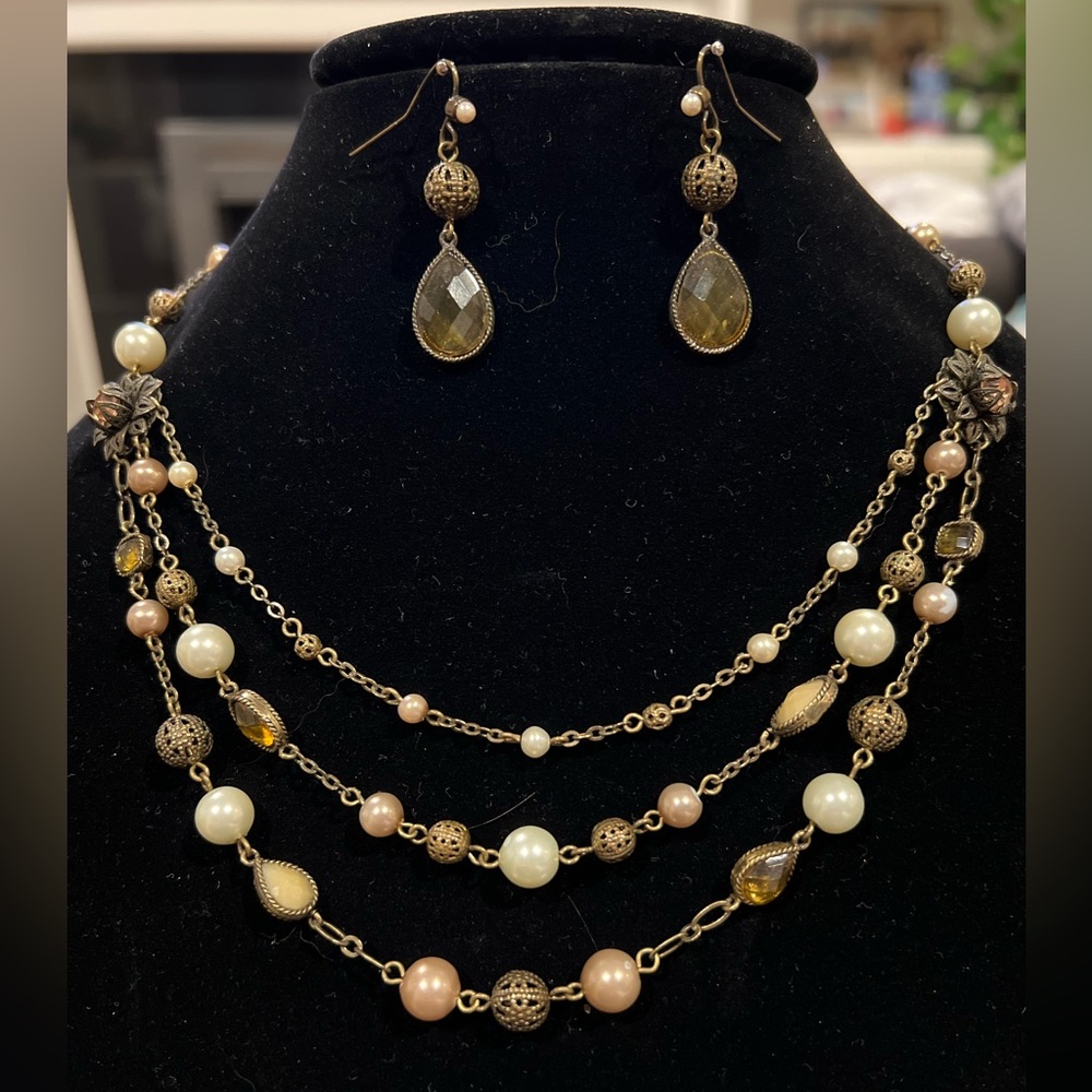 Bronze Gold Beaded Filigree Necklace and Earrings (Costume Jewelry)